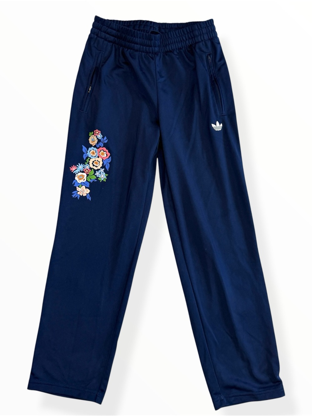 Adidas Girls Pull On Straight Leg Track Pants Floral Accent Size Small Blue